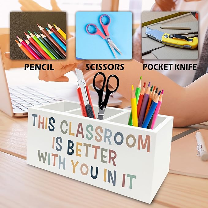 QZQE Boho Classroom Pen Pencil Holder Organizer for Desk, This Classroom Is Better With You in It Wooden Box Signs Decorations for Home Office Desk Tabletop, Back to School Supplies