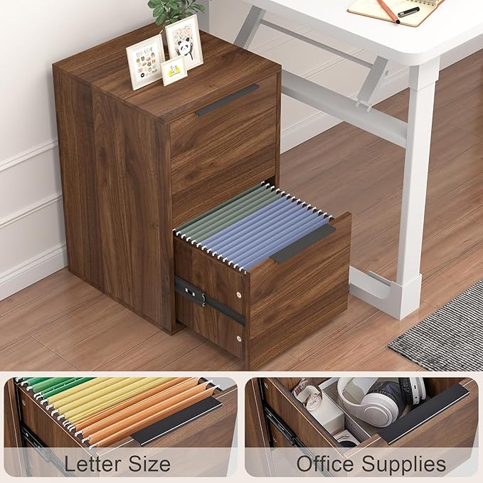 FATIGOS 2 Drawer File Cabinets, Wood File Cabinet with Hanging Bar for Letter Size, Under Desk Drawer, Small File Cabinets for Home Office, Dark Walnut