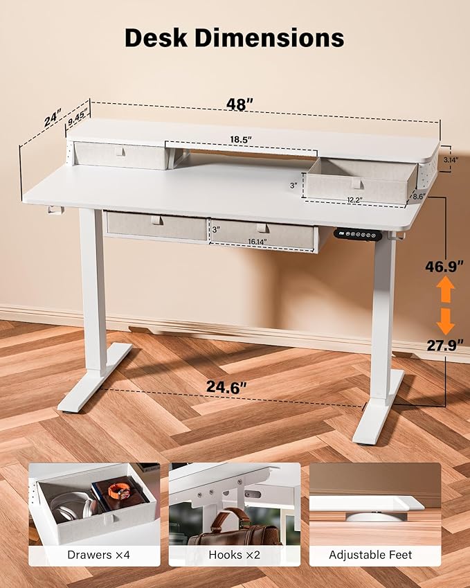 FiCiHi Electric Standing Desk with Four Drawers, Adjustable Height Sit Stand Desk, C-Clamp Compatible Home Office Desk with Storage Shelf & Monitor Stand Riser, 48 x 24 Inch, White