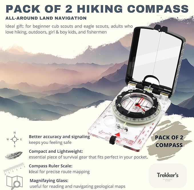 Trekker's Compass Crew Professional Military Lensatic Compass with Mirror, High-Precision Dial, Built-in Magnifier, Luminous Display for Hiking, Camping, Orienteering