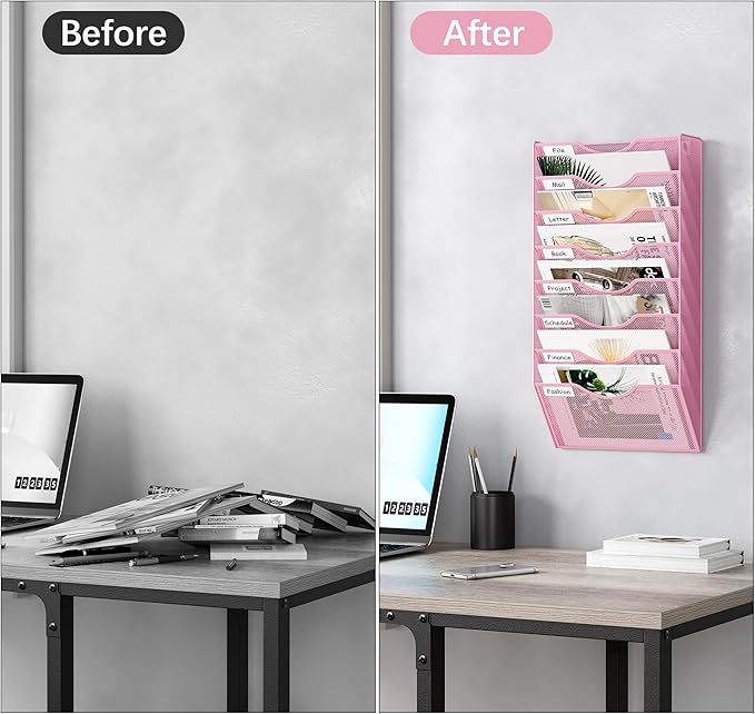 EasyPAG 8 Pocket Mesh Wall File Organizer, Hanging Paper Folder Holder with Classify Label, Vertical Wall Mount Mail Organizer for Office Home Classroom, Pink