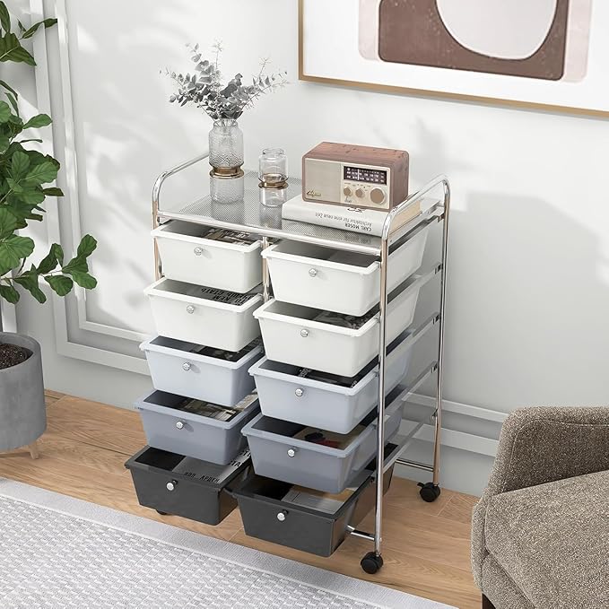 LDAILY 10 Drawer Rolling Cart, Storage Cart Organizer on Wheels, Drawer Cart with Metal Frame & Large Storage Capacity, Rolling Cart with Drawers for Living Room Classroom, Office