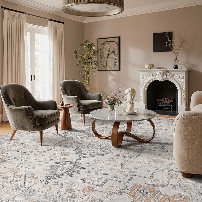 GENIMO 10x13 Area Rugs for Living Room, Non Slip Machine Washable Vintage Rugs, Low Pile Lightweight Chenille Print Large Rug for Bedroom, Dining Room, Home Office, Light Taupe Brown