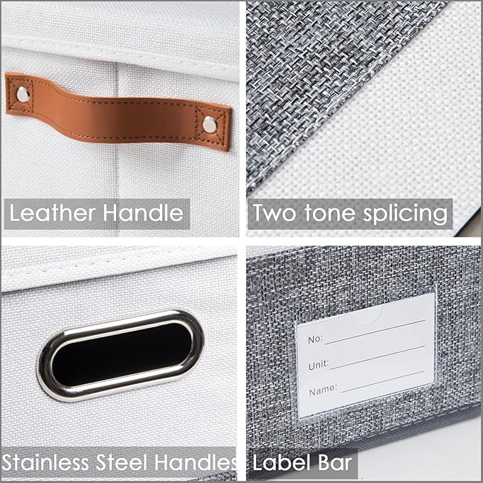 PRANDOM Storage Bins with Lids [3-Pack] Linen Fabric Foldable Storage Boxes Organizer Containers Baskets Cube with Cover for Bedroom Closet Office Grey&White（11.4X8.6X6.7