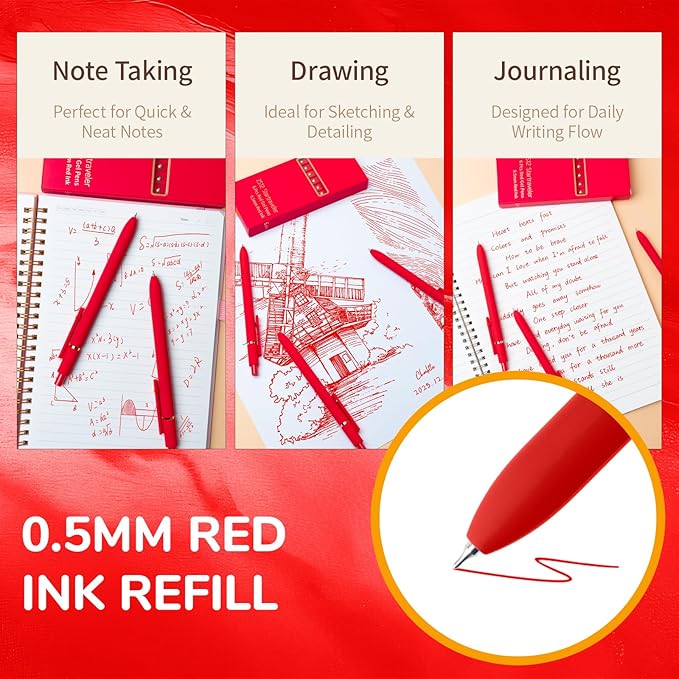 UIXJODO Red Pens, 6 Pcs Red Ink Pens Fine Point Smooth Writing Pens, 0.5mm Colored Ink Gel Pens for Journaling Note Taking, School Supplies Gifts for Women (6 Pcs Gold Red - Red Ink)