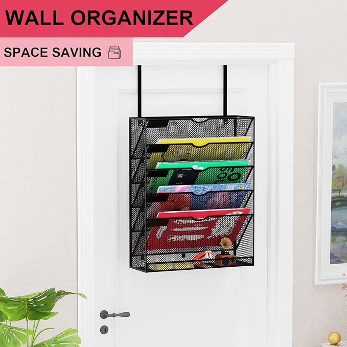 GDINDINFAN 6-Tier Hanging File Organizer Office Cubicle Accessories for Work Organizer Wall Mount File Holder for Mails Folders Papers Magazine Organization, Black