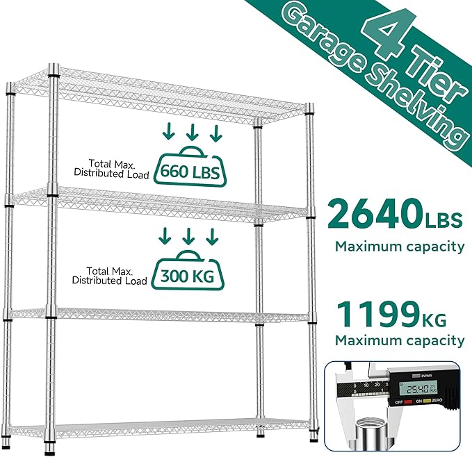 M MZG 4 Tiers Shelf 2640 lbs Steel Storage Shelving Utility Shelving Unit Steel Organizer Wire Rack for Home,Kitchen,Office,Garage Chrome 17.7" D x 47.2" W x 70.3" H