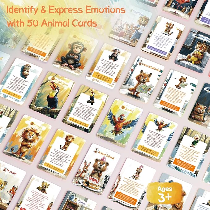 Emotion Cards for Kids – 50 Laminated Feelings & Calm-Down Cards for Classroom & Home, Soft-Touch Waterproof, Ages 3–12, SEL Tools with 60 Stickers & 6 Bracelets Stocking Stuffers