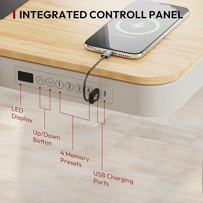 Standing Desk with Drawer, Electric Height Adjustable Home Office Desk with Storage & USB Ports, 48 inch Bamboo Texture Tabletop/White Frame
