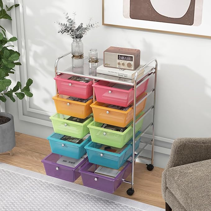 HAPPYGRILL 10-Drawer Rolling Storage Cart, Storage Organizer Cart with Lockable Wheels, Beauty Salon Movable Utility Cart for School, Office, Home, (Clear Colorful)
