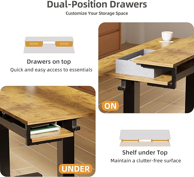Claiks Electric Standing Desk with 2 Drawers, Adjustable Standing Desks with Storage, Height Adjustable Stand up Desk for Home Office with 2 Hooks,48 Inch Ruist Brown