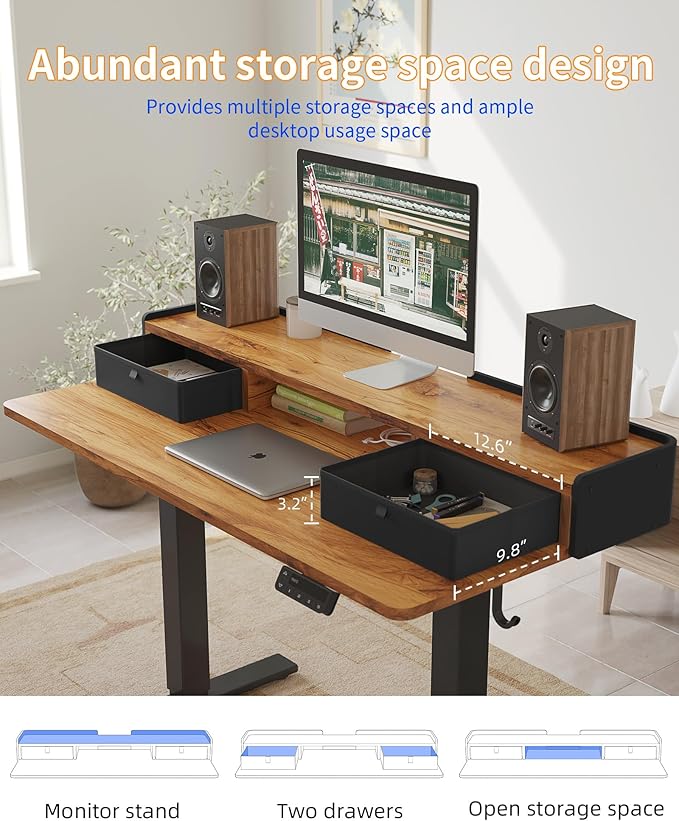 YIHAYO Electric Standing Desk with Drawers, 40 x 24 Inches Adjustable Desk with Storage Shelf, Stand Up Desk with Splice Board, Computer Table for Home Office, Black Frame/Rustic Brown Top