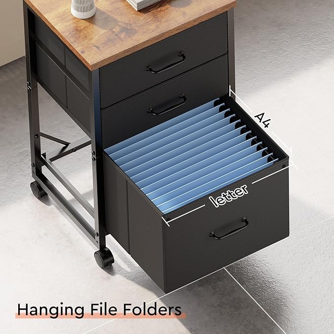 Maihail 3 Drawer Mobile File Cabinet with Wheels Fabric Vertical Filing Cabinet fits A4 or Letter Size for Home Office,Rustic Brown