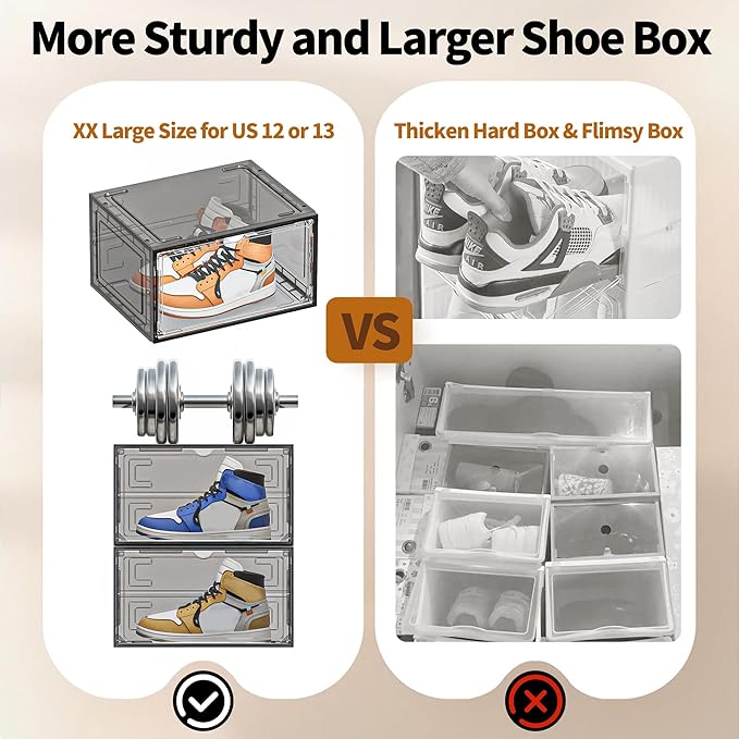 TOFWOF 8 Pack XX Large Shoe Organizer, Heavy-Duty Hard Thicken Plastic Clear Stackable Shoe Storage Box Organizer for Closet, Space-Saving Shoe Rack Display Case Bin Containers for Sneakers, Grey