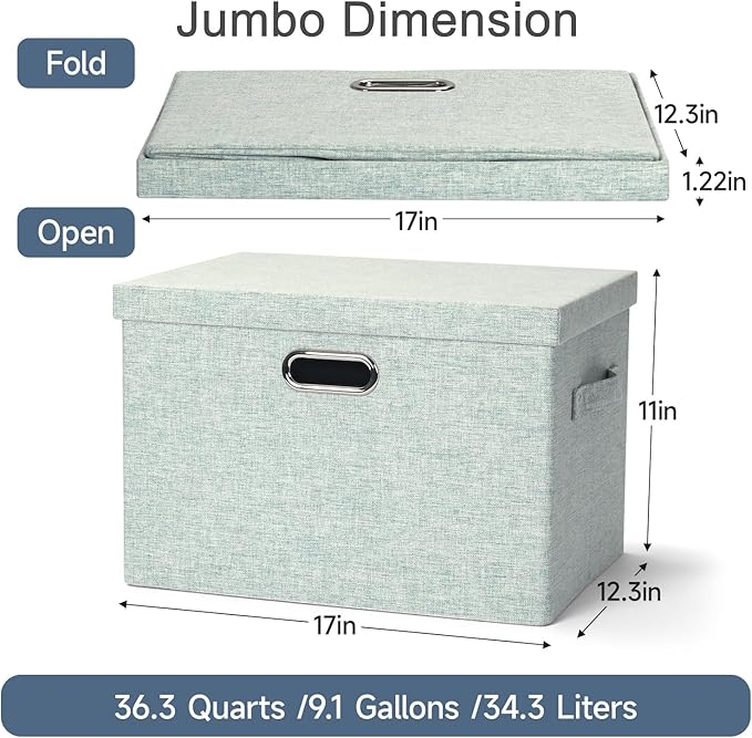 Graciadeco Large 17" 36 Quart Collapsible Stackable Storage Bins with Lids, 3 Packs Light Green Linen Fabric Closet Boxes with Lids, Storage Cube Baskets Container Organizers for Office (17x12x11)