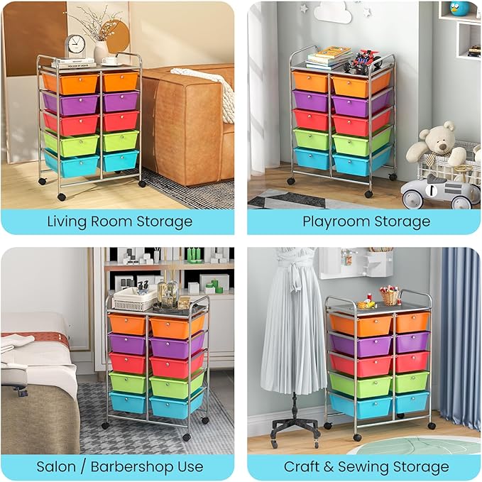 GLACER 10 Drawer Rolling Cart, Storage Cart with Lockable Whieels & Metal Frame, Trolley for Art Craft Oganizer, Mobile Utility Cart for Office, School, Classroom, Kitchen (Rainbow Color)