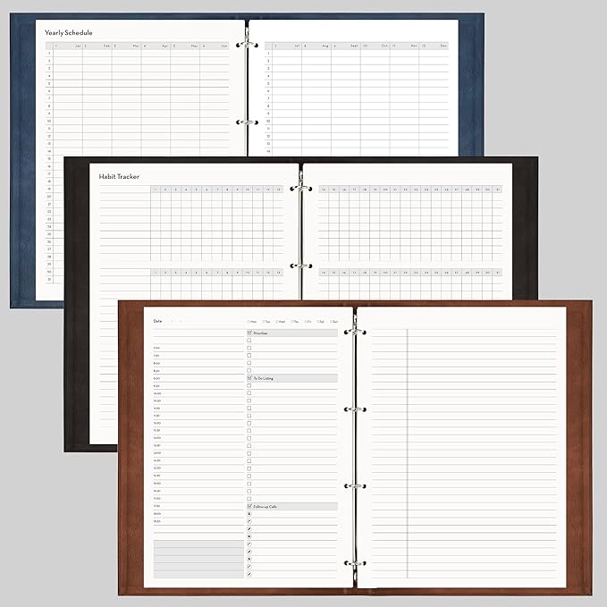 EMSHOI Undated Daily Planner 9.2" X 12", A4 To Do List Notepad, 240 Pages Ring Binder Planner Hardcover Leather Notebook for Work Business Meeting, with Yearly Schedule, Habit Tracker, Blue