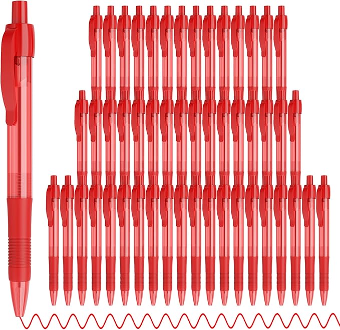 deegtran Pens Bulk, 50 Pack No Bleed Red Ink Click Pens with Soft Grip, Wholesale Retractable Ballpoint Pens for Office School, Medium Point Smooth 1.0MM