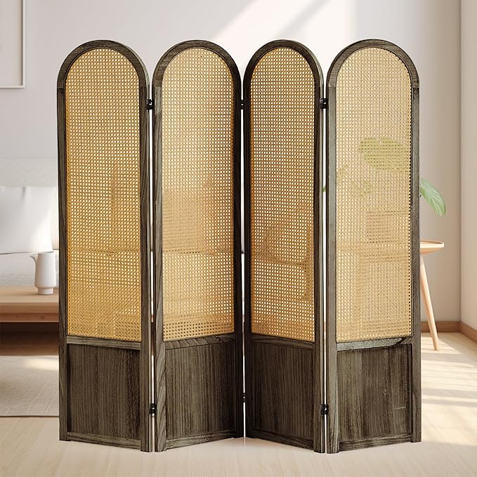 Asnefeli 4 Panel Room Divider Wall, Folding Privacy Screen, Foldable Wood Divider Room Dec, Rattan Room Divider, Portable Partition Screen, Wall Divider for Room Separation Home Office (Brown)