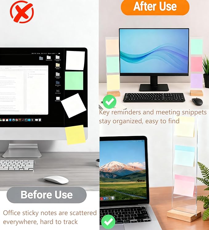 Sorablu Monitor Memo Board 2PCS - Removable Sticky Note Holder for Computer Monitors, Transparent Acrylic Office Desk Accessories, No Screen Damage, Fits Laptops & Desktops