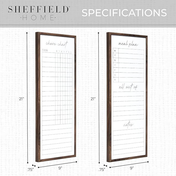 Sheffield Home Set of Two Family Planner Dry Erase Boards Featuring, Chore Chart, Shopping List, Weekly Meal Planner and Notes, 9x21 Inch, Natural