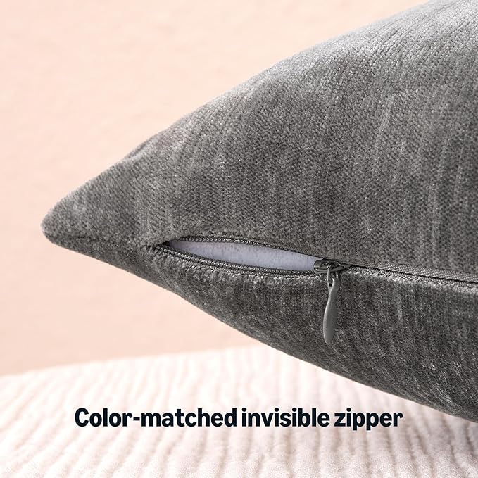 Amazon Basics Chenille Throw Pillow Covers, Home Decor Cushion Cover for Bedroom Living Room Couch Bed, 16" W × 16" L, Dark Gray