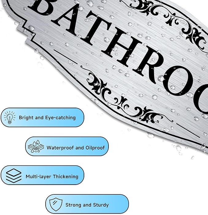 Bathroom Sign Sticker for Business and Home，Self-adhesive Brushed Silver Cute Bathroom Decor for Door，Waterproof Vinyl Restroom Sign for Home，Office，Shop（Silver）