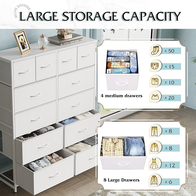 WLIVE Tall White Dresser for Bedroom with 12 Drawers, Dressers & Chests of Drawers, Fabric Dresser for Closet, Living Room, Storage Dressers with Storage Drawers, Steel Frame, Wood Top