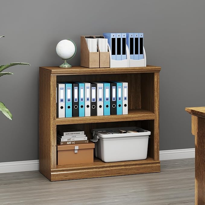 Bevfint Bookcase, 2 Tiers S Bookshelf Open Storage Organization, Floor Standing Indoor Furniture Book Case for Library Office Living Room Bedroom, Vintage Oak - 2 Tier