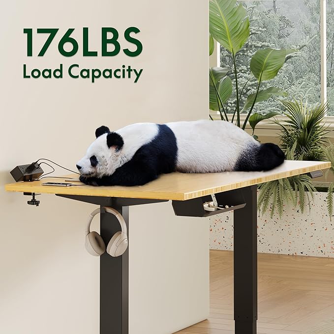 FLEXISPOT EN2 Whole-Piece Bamboo Standing Desk with Clamp Power Strip, 55 x 28 Electric Stand Up Height Adjustable Desk with Cable Management (Black Frame + 55" Bamboo Top, 2 Packages)