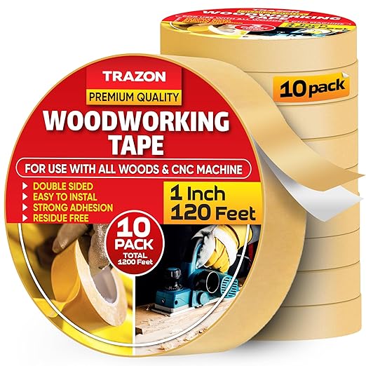 Trazon Double Sided Woodworking Tape Super Strong, 10 Pack, 1 Inch x 120 Feet, Wood Crafter Sticky Tool, Two Side Adhesive for Router Templates and CNC Machine, Removable & Residue Free