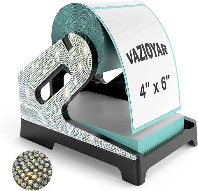 Vazioyar Shining Rhinestone Label Holder,Thermal Label Holder for Rolls and Fan-Fold Labels, Sticker Roll Holder Work with Desktop Label Printer, Label Stand Shipping Supplies for Home Office