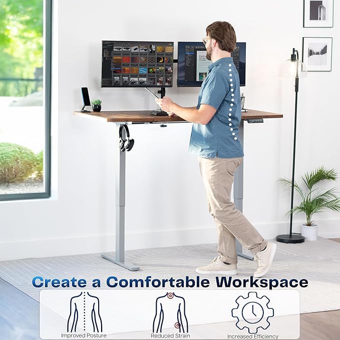 VIVO Electric 60 x 30 in Rustic Standing Desk, Memory Height Adjustment, 1B Series, Holds 220 lbs, Vintage Brown Top Gray Frame, DESK-KIT-1G6N-30