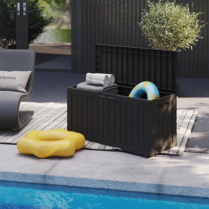Yardgrace 90 Gallon Waterproof Outside Storage Box - Patio Storage & Outdoor Deck Box, All-Weather Resin Chest for Pool/Garden Accessories, Lockable UV-Resistant, Jet Black