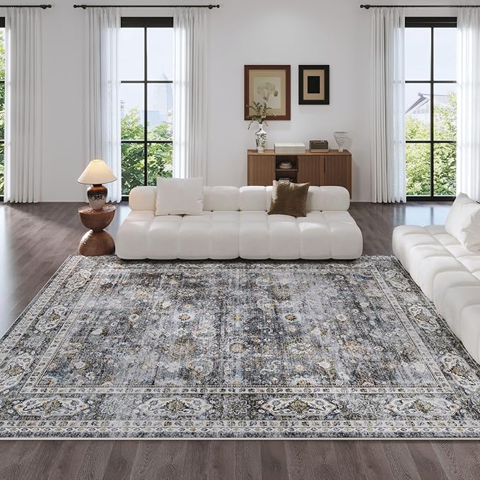 Rugcomf 8x10 Rug Washable Boho Soft Large Area Rug Non-Slip Faux Wool Vintage Rug for Living Room, Farmhouse, Dining Room, Indoor, Kids Playroom (Grey)