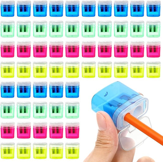 60 Pcs Manual Pencil Sharpeners with Lid, Double Hole Handheld Sharpeners for Office Home, 4 Colors
