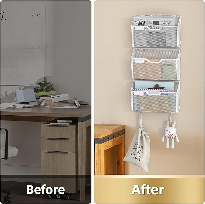 Docnest 3 Pack Hanging Wall File Holders, Mesh Wall Letter File Holder, Wall Mounted Mail Paper Document Folder Holder with Hooks for Office, Home, School, White