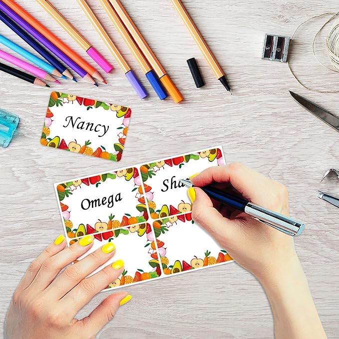 Wonmon 200 PCS Fruit Name Tags Stickers, Self Adhesive Cute Fruits Style Name Tag Labels Stickers for Back to School Classroom Student Office Desk Cubby Locker Themed Party, 2x3 inch