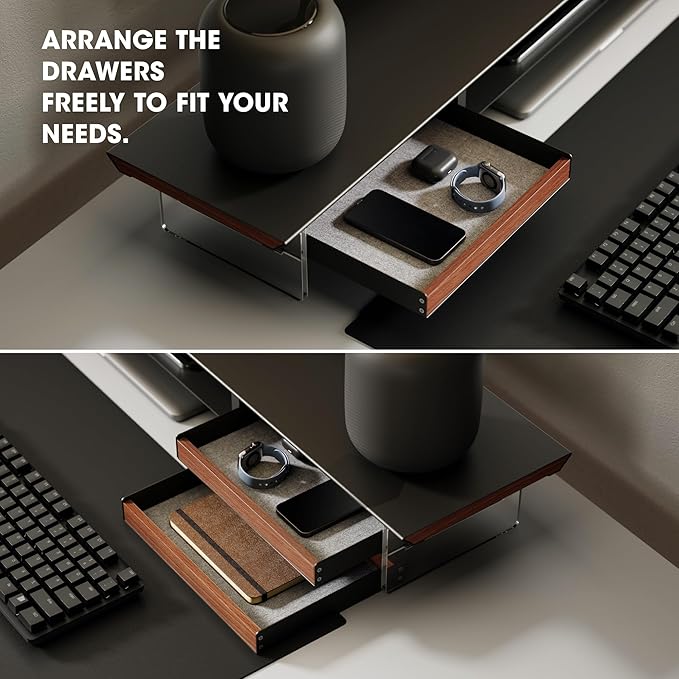 Fenge Dual Monitor Stand with Drawer, 42.5 Inch Large Monitor Riser with Acrylic Legs Supports, Computer Stand for Desk, 2 Tier Wood Desk Shelf with Storage Organizer for PC, Laptop, Printer, TV