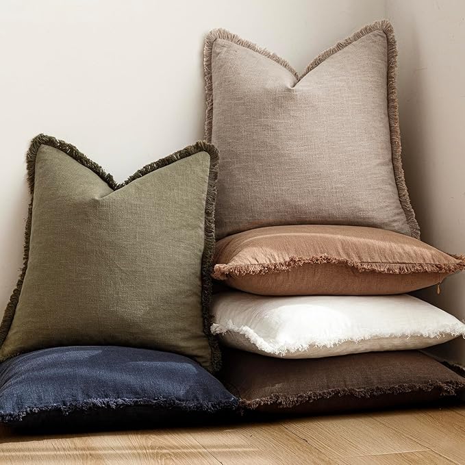 Foindtower Set of 2 Decorative Linen Fringe Throw Pillow Covers Farmhouse Cushion Cover with Tassels Soft Accent Pillowcase for Couch Chair Sofa Bed Living Room Home Decor,22×22 Inch,Natural Linen