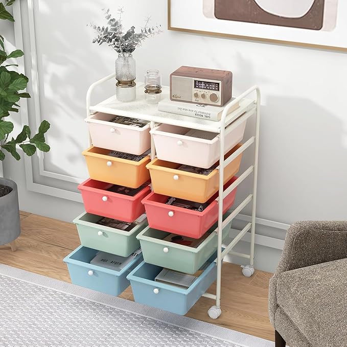 LDAILY 10 Drawer Rolling Cart, Storage Cart Organizer on Wheels, Drawer Cart with Metal Frame & Large Storage Capacity, Rolling Cart with Drawers for Living Room Classroom, Office