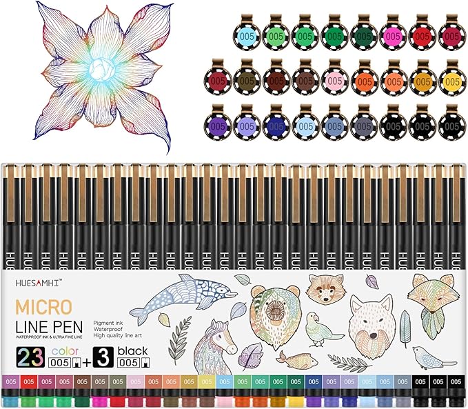 huesamhi 005 Micro Pen 23 Colors and 3 Black 0.20mm Fine Tip Waterproof Ink FineLiner Pens for Art Illustration Sketching, Anime Bullet Journal and Technical Drawing