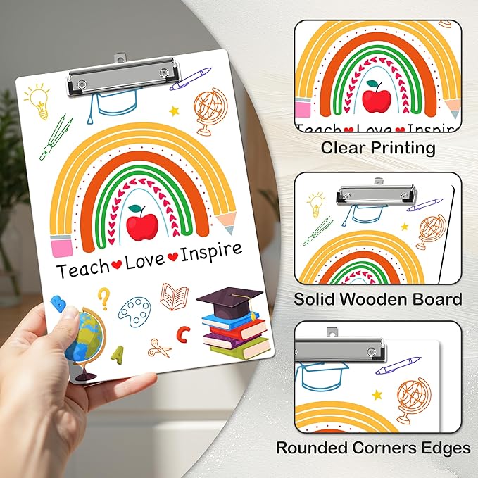 APIILVPQ Teacher Clipboard, Rainbow Clipboards with Low Profile Clip for Office School Use, Teacher's Day Birthday Gifts Wooden Clip Boards for Writing Reading - C06