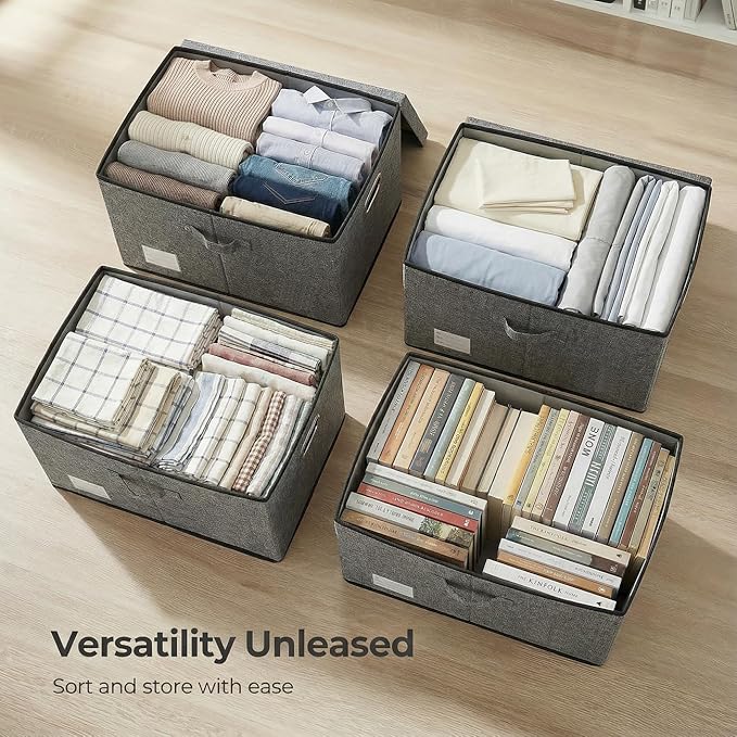 PRANDOM Storage Bins with Lids [3-Pack] Linen Fabric Foldable Storage Boxes Organizer Containers Baskets Cube with Cover for Bedroom Closet Office Grey(23.4X15.9X11.4)