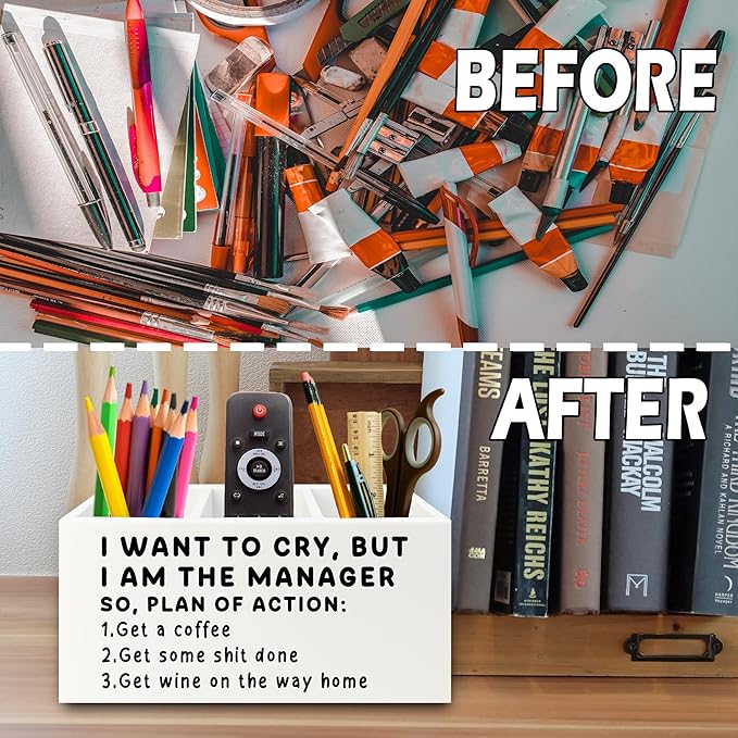 XPH Funny Pen Office Pencil Holder Organizer for Desk, Manager Gifts for Women Men, Funny Coworker Gifts Wooden Box Sign for Home Office Desk Tabletop Decorations