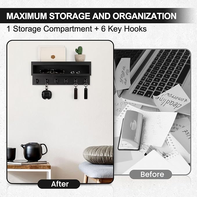 Lucundm Key and Mail Holder Wall Mount, Key Hanger with Long Storage Box and 6 Hooks for Coat, Dog Leash, Home Decor Rack, House Accessories, Entry Way Organizer (Black)