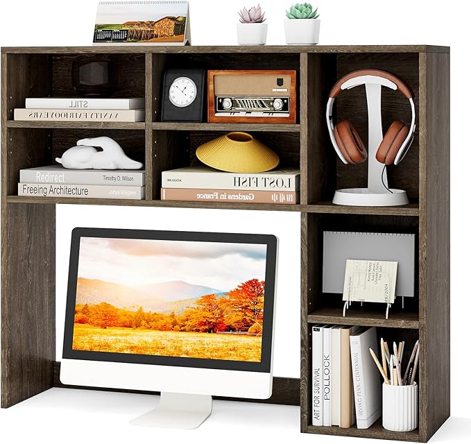 Tangkula Desktop Bookshelf, 37" Countertop Storage Hutch with 7 Cubes & 3 Adjustable Shelves, 3-Tier Desk Display Rack Organizer, Multipurpose Wood Desktop Hutch for Dorm Home Office (Grey)