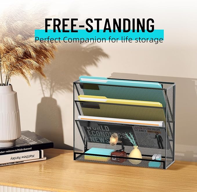 SUPEASY Wall File Organizer Mesh Office Mail Holder, Hanging Wall Organizer Magazine Rack for Office Black, 4 Tier
