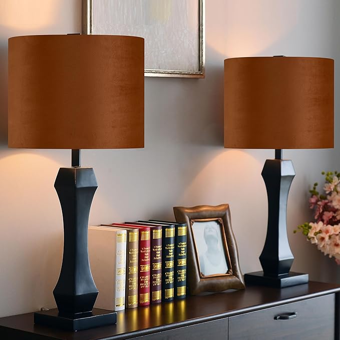 GO&SO 1 PCS Burnt Orange Velvet Drum Lamp Shade,Modern Replacement Lamp Shades 13" Top x 13" Bottom x 10" High(Spider) Medium Fabric Lampshade for Table Lamp,Floor,Bedside -Assembly Require