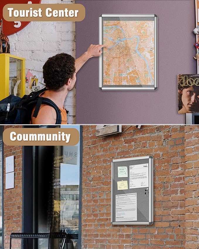 Mifuro 26"x20" Enclosed Bulletin Board, Lockable Weather-Resistant Aluminum Cork Noticeboard for School & Office, Silver Frame w/Grey Flet